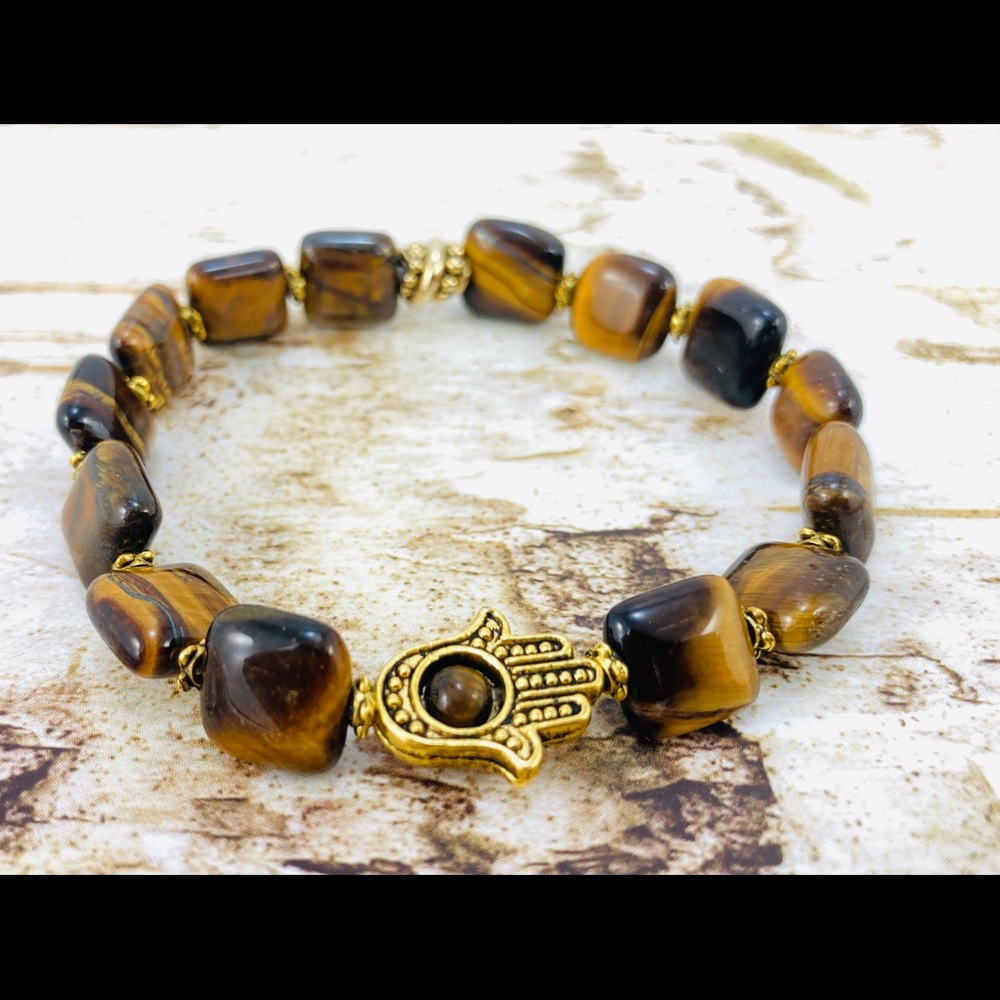 Hamsa Tiger's Eye Stretch Bracelet, Handmade, Antique Gold - Picture 3 of 9